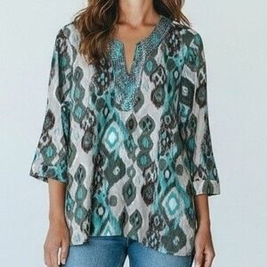 Chico's Tunic Top Women 2 Large Gray Beaded Ikat Print Boho Hippie Gypsy Vaction